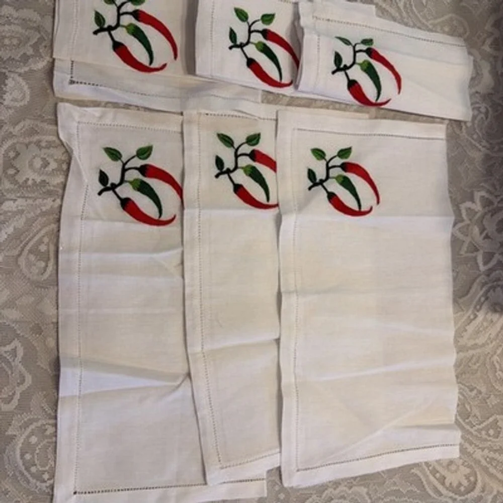 6 White Linen Hem Stitched Napkins Embroidered Chili Peppers 16”